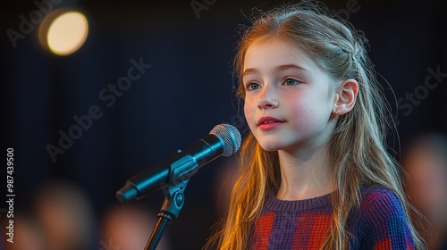 confident kid girl at the microphone on stage during a national spelling bee competition, spelling challenging words with precision in front of the audience photo