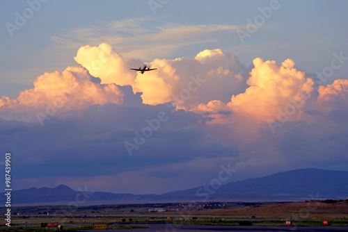 A passenger plane departs Prescott Love Field Airport Arizona with a background of monsoon clouds at sunset