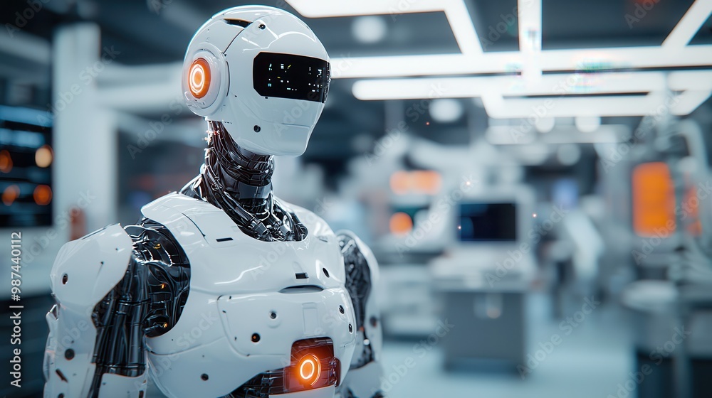 A sleek humanoid robot stands in a futuristic lab filled with advanced technology, showcasing a blend of mechanical design and artificial intelligence. A sleek humanoid robot stands in a futuristic lab filled with advanced technology, showcasing a blend of mechanical design and artificial intelligence.