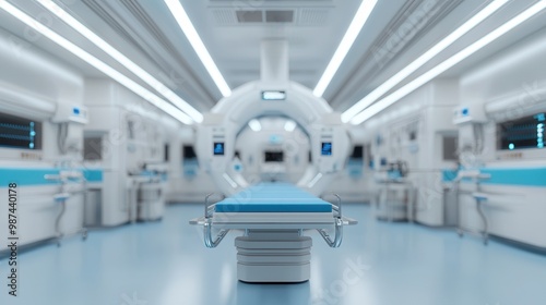 A modern medical room featuring a blue examination table, advanced imaging equipment, and a clean, sterile environment. photo