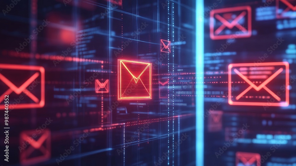 Illustration of an email system with advanced phishing detection, flagging potential threats in real-time