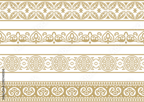 Vector endless golden ancient Russian ornament. Seamless Slavic border, frame. Painting of the royal chambers