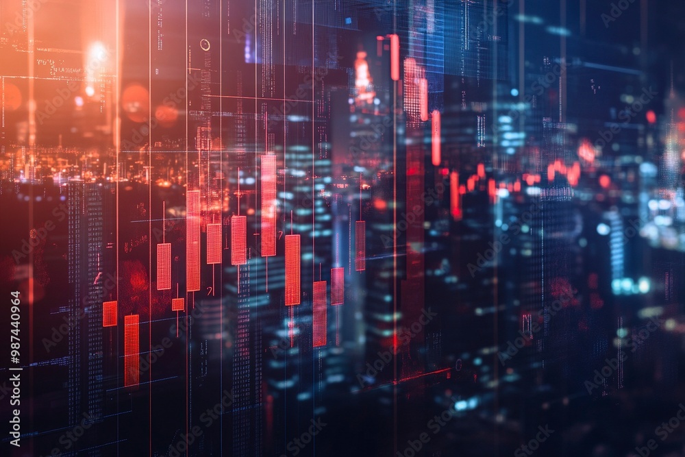 Abstract falling candlestick forex graph and dollar on blurry city wallpaper. Crisis and finance concept. generative ai Abstract falling candlestick forex graph and dollar on blurry city wallpaper. Crisis and finance concept. generative ai