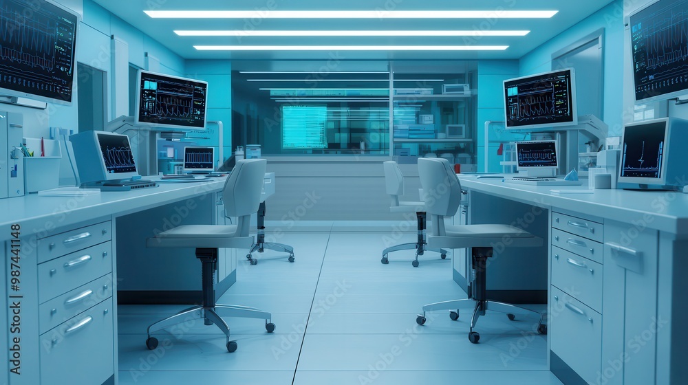 A modern laboratory space featuring white furniture, multiple monitors, and blue ambient lighting, creating a clean and high-tech atmosphere. A modern laboratory space featuring white furniture, multiple monitors, and blue ambient lighting, creating a clean and high-tech atmosphere.