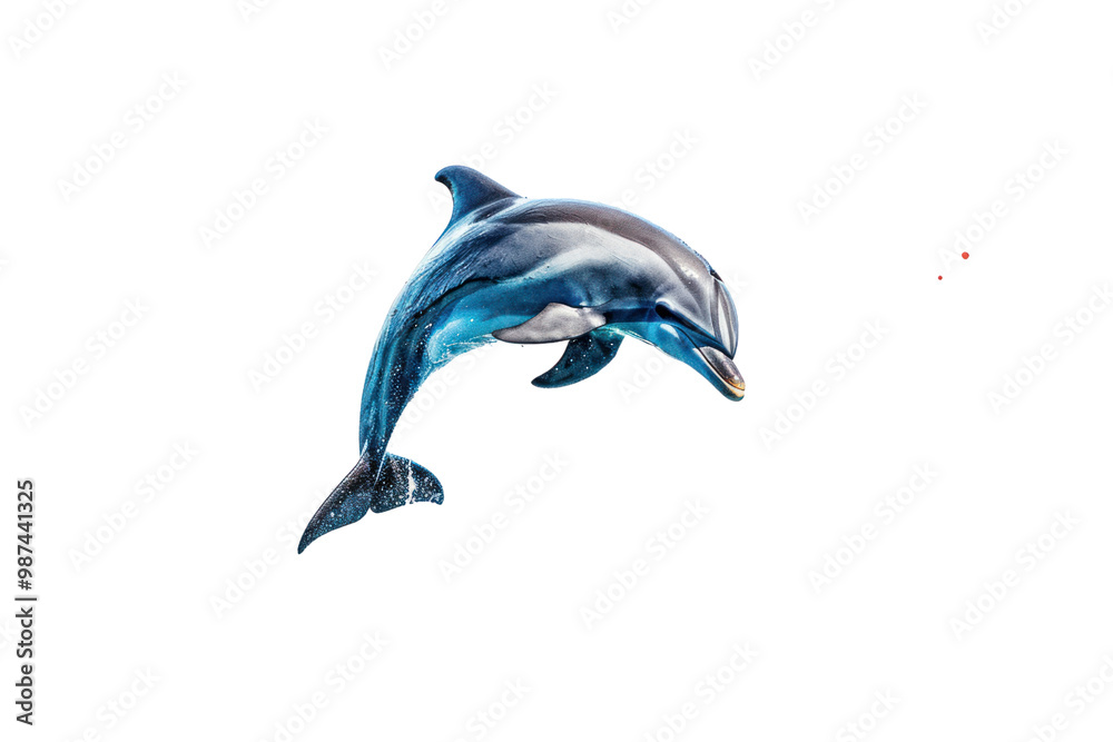 Obraz premium male dolphin calf play red ball Show a playful demeanor Jump and float above the surface of the water. On a white background, painting style