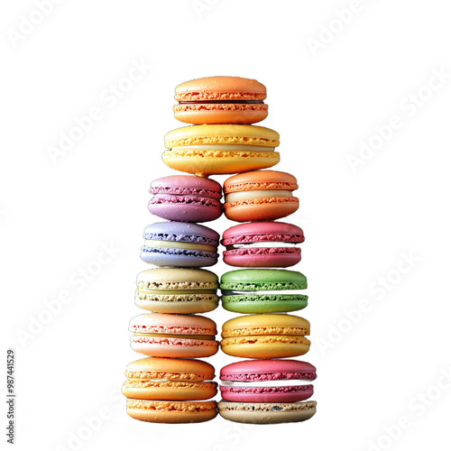 Colorful pyramid of assorted macarons stacked on a transparent background, showcasing vibrant pastel hues and delicious flavors for a delightful culinary experience. photo