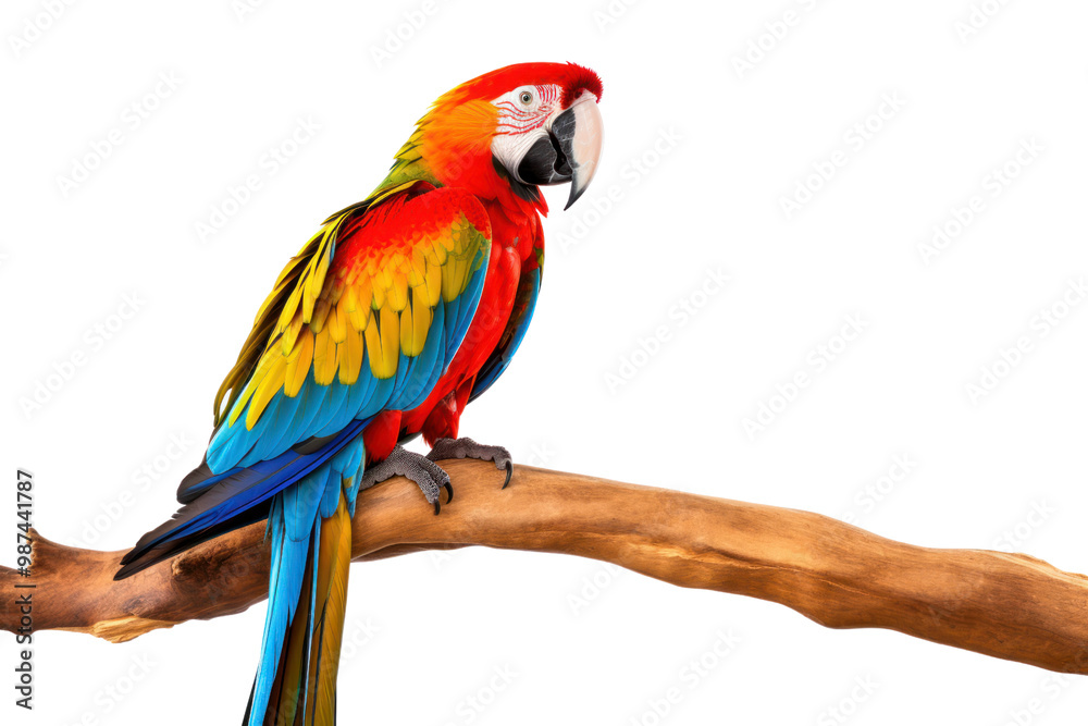 Fototapeta premium Macaw parrot perched on a wooden perch on a white background. Showing brightly colored feathers