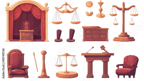 Set of courtroom objects: judge's chair, scales, gavel, podium.