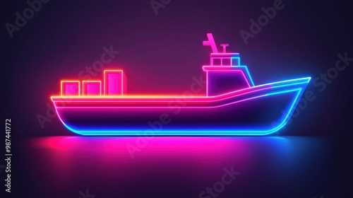 A neon-lit graphic of a cargo ship against a dark background, highlighting modern maritime themes and vibrant colors, Transport and logistic concept. photo