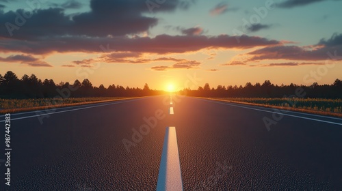 A picturesque road stretches towards a vibrant sunset, with warm colors illuminating the sky and silhouetting the trees on either side.