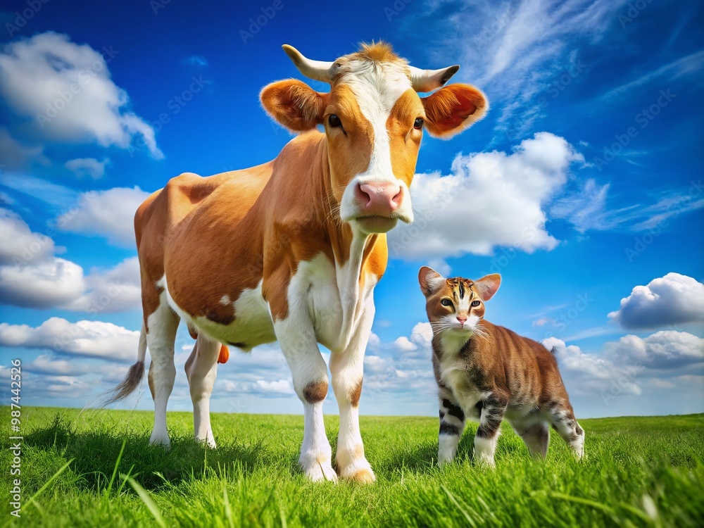 Adorable Cow and Cat in Playful Pose Together in a Bright Green Pasture Under a Clear Blue Sky Adorable Cow and Cat in Playful Pose Together in a Bright Green Pasture Under a Clear Blue Sky