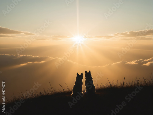 朝焼けの空に照らされる二匹の犬が並んで座り、太陽が雲の上から昇るシルエットが広がる幻想的な風景。温かいオレンジと金色の光が犬の輪郭を包み込み、穏やかな自然の美しさが感じられる瞬間。