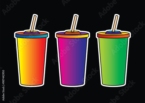 Fast food plastic cup with straw. Hot or cold drink. Original vector illustration in vintage style.
