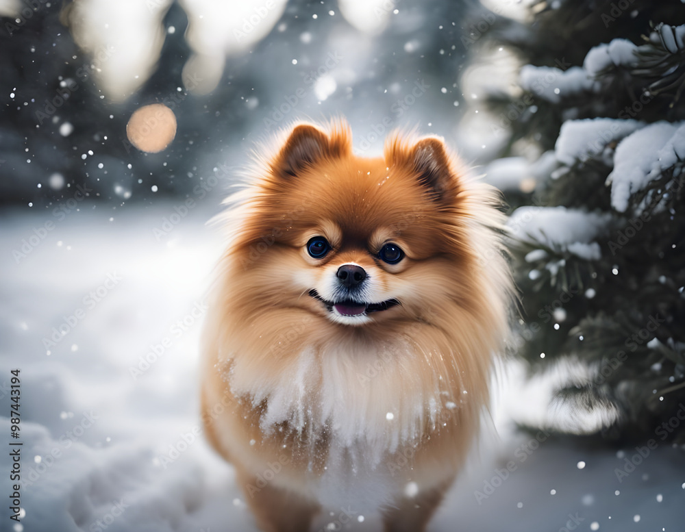 Spitz dog on a walk in a snowy park. Pets, winter day Spitz dog on a walk in a snowy park. Pets, winter day