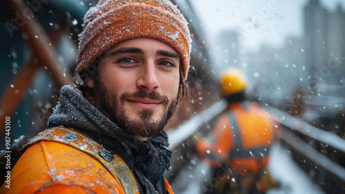 construction workers working on a bridge in the winter, photo