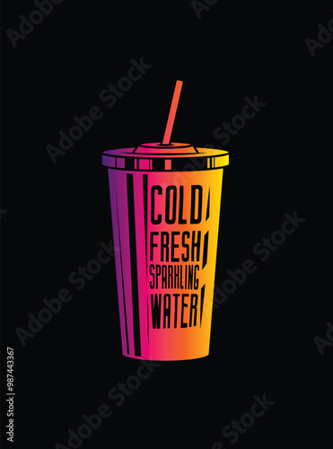 Fast food plastic cup with straw. Hot or cold drink. Original vector illustration in vintage style.