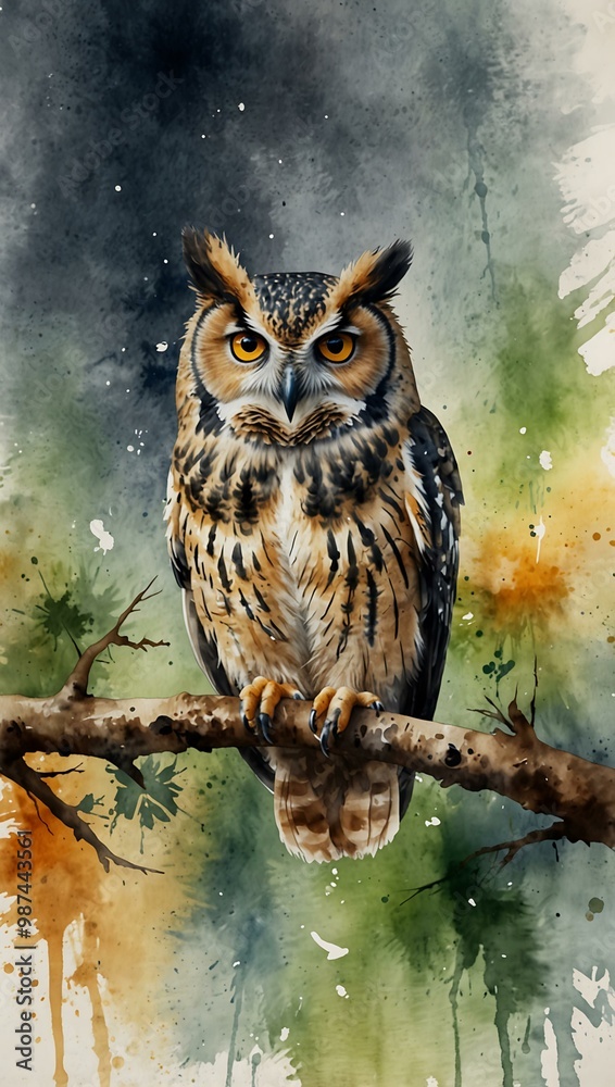 Watercolor owl perched on a branch. Watercolor owl perched on a branch.