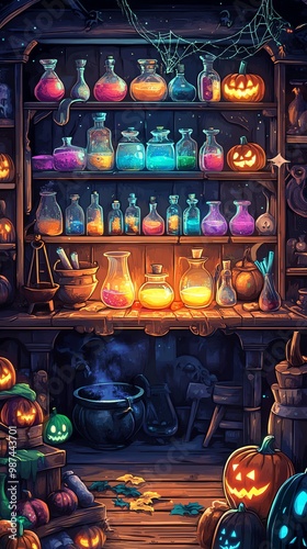 illustration cartoon shelf full of poison bottles and witch spells halloween decoration