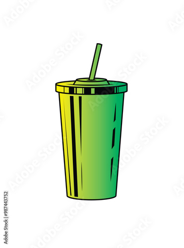 Fast food plastic cup with straw. Hot or cold drink. Original vector illustration in vintage style.