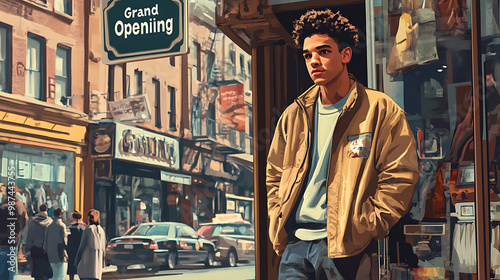 A man stands in front of a Grand Opening sign