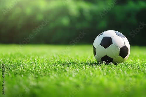 Soccer ball on bright green grass, sunny day