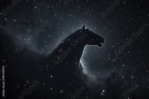 A silhouette of a horse's head is formed by a nebula in the night sky. photo