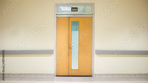 Hospital patient room door medical healthcare clinic entrance, modern clean interior