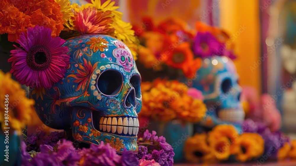 Painted skulls and colorful flowers on a Day of the Dead display, capturing the essence of this Mexican festival.