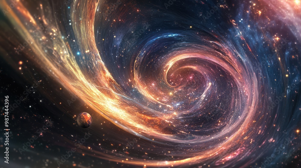 Twisting 3D cosmic ribbons of light swirling through a galaxy of stars and distant planets. Twisting 3D cosmic ribbons of light swirling through a galaxy of stars and distant planets.