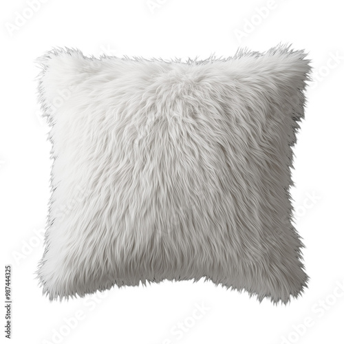 Soft fluffy white pillow with textured faux fur material on transparent background for home decor and comfort