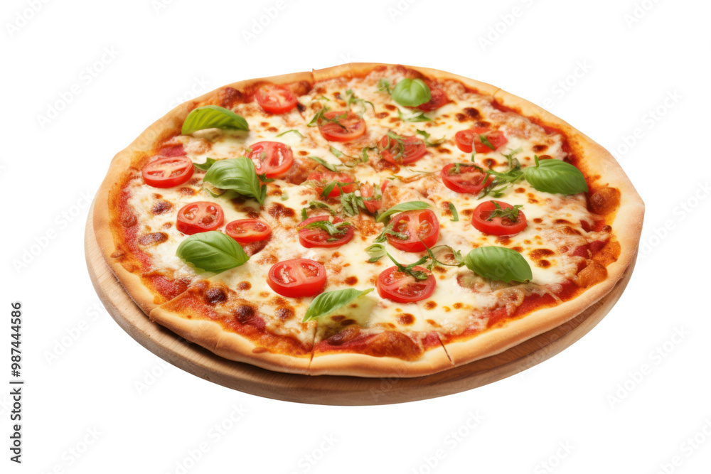Italian style pizza Isolated pieces on a white background It clearly shows oozing cheese, fresh tomatoes, and basil. Italian style pizza Isolated pieces on a white background It clearly shows oozing cheese, fresh tomatoes, and basil.