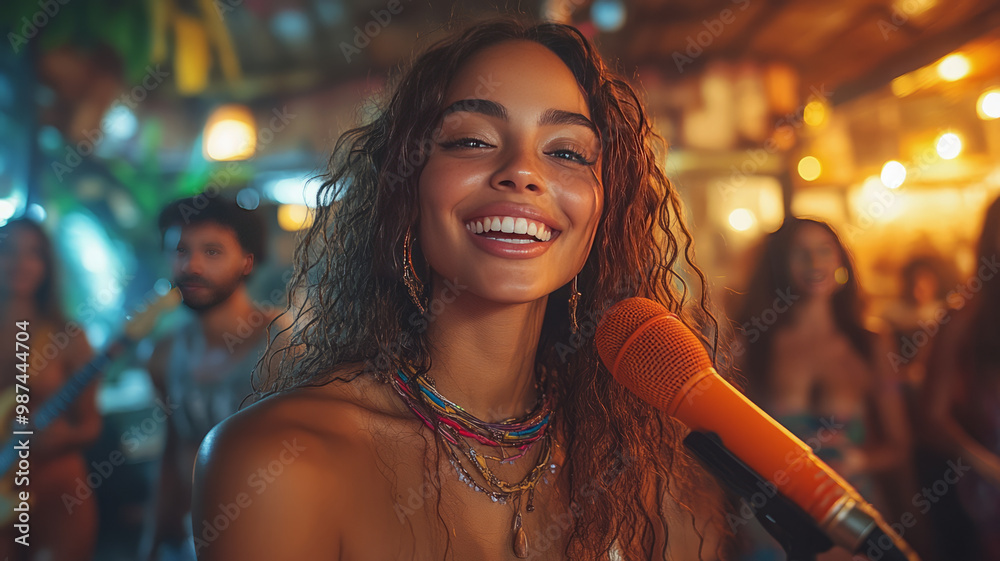 young people singing karaoke in a brazilian bar, young people singing karaoke in a brazilian bar,