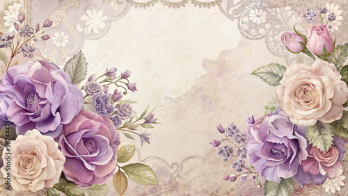 Vintage floral frame with pastel roses and lace details