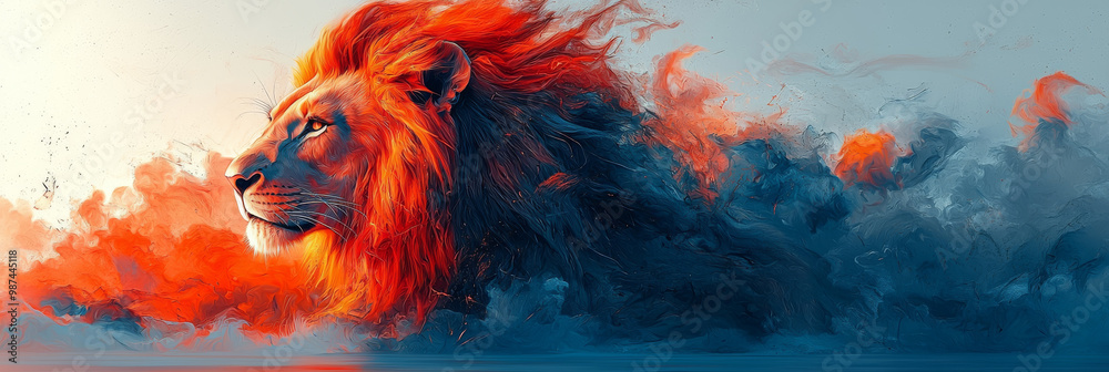 A powerful lion with a fiery mane emerges from a sea of swirling colors. A powerful lion with a fiery mane emerges from a sea of swirling colors.