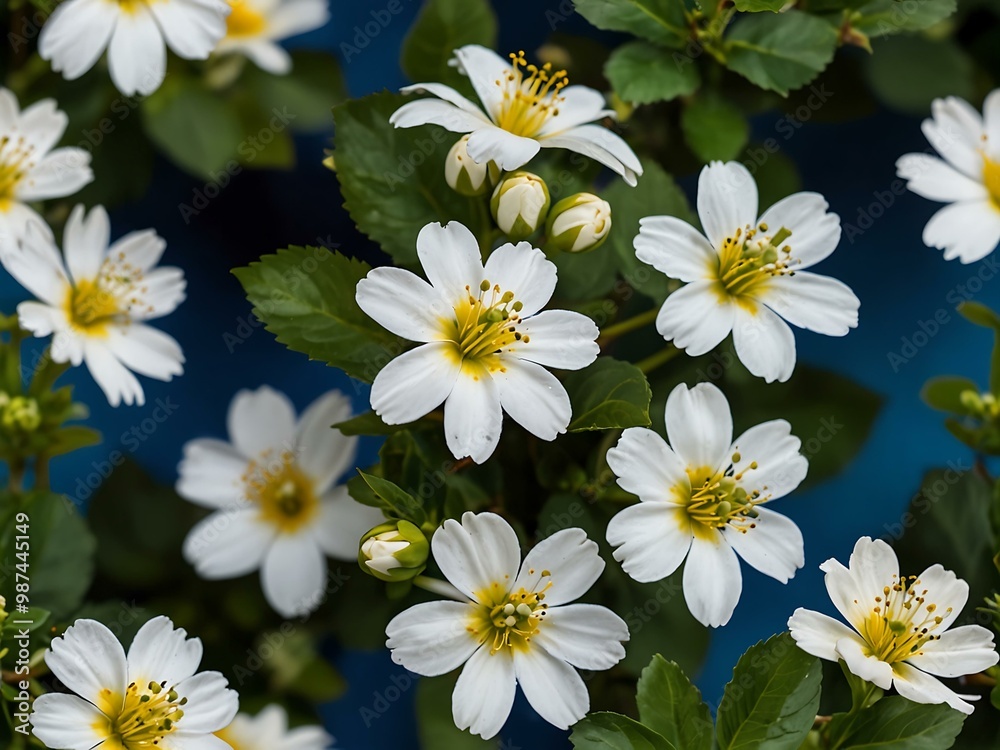 White flowers with green leaves against a blue background, vibrant and fresh. White flowers with green leaves against a blue background, vibrant and fresh.
