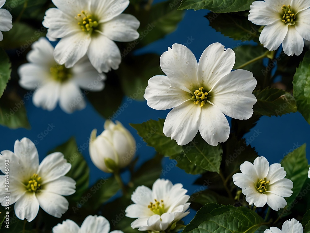 White flowers with green leaves against a blue background, vibrant and fresh. White flowers with green leaves against a blue background, vibrant and fresh.