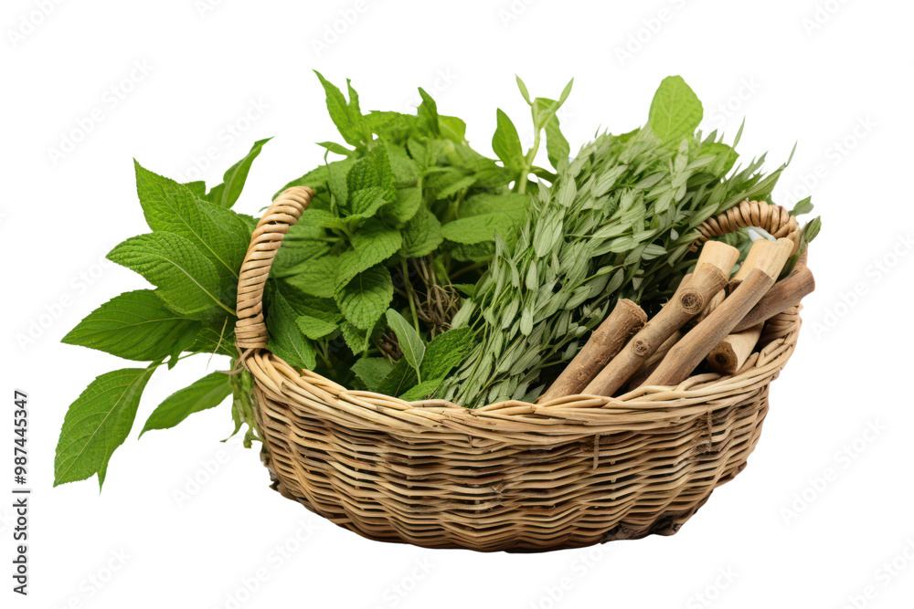 Indian herbs in bamboo basket on wooden table on a white background show spontaneity Indian herbs in bamboo basket on wooden table on a white background show spontaneity