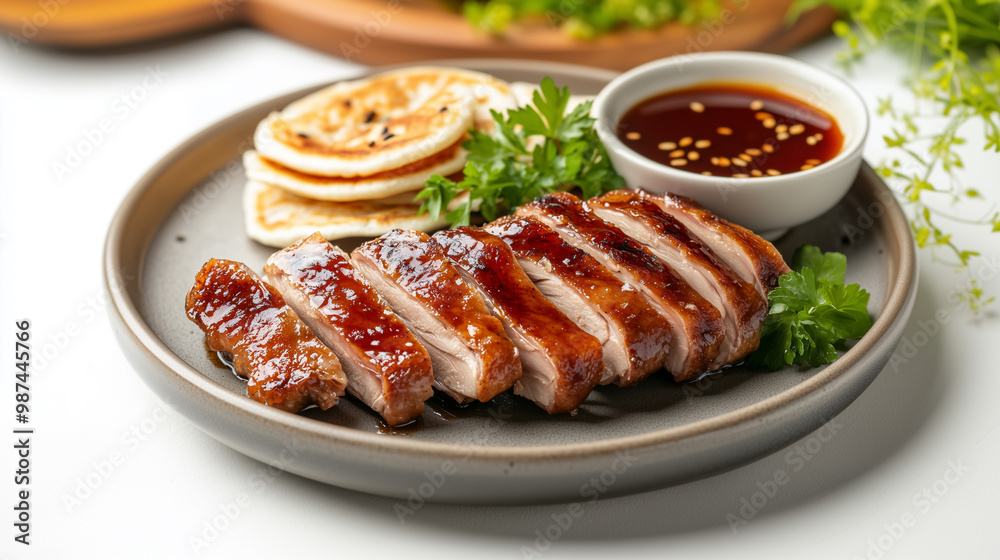 Sliced grilled chicken served on plate with rich sauce, garnished with fresh herbs and accompanied by pancakes. Sliced grilled chicken served on plate with rich sauce, garnished with fresh herbs and accompanied by pancakes.