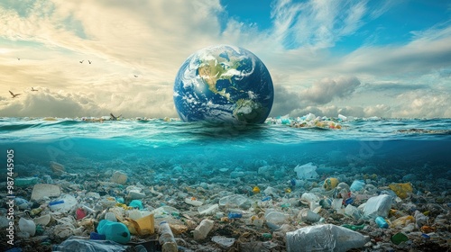 Planet Earth drowning in plastic and litter, emphasizing the worldwide pollution crisis and its devastating effects. photo