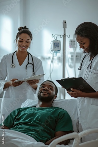 A patient in a hospital bed is attended by two smiling healthcare professionals.