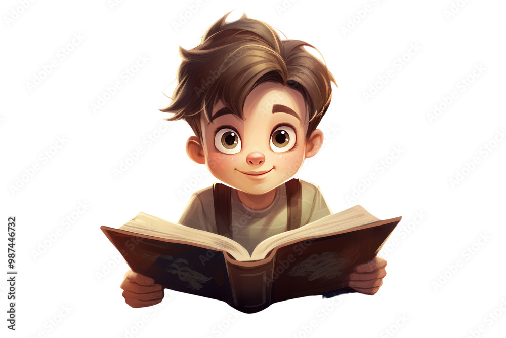 Image of boy reading a book, isolated on white background. Show curiosity, concentration, and imagination Image of boy reading a book, isolated on white background. Show curiosity, concentration, and imagination
