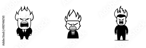 A stressed and frustrated businessman's head is on fire, doodle style