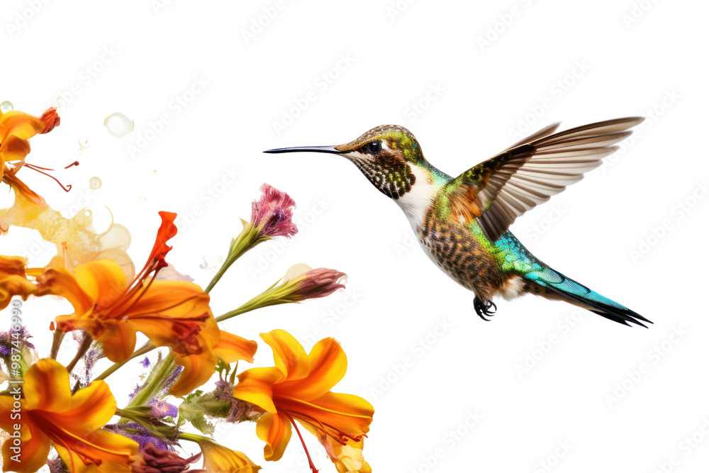 Fototapeta premium Hummingbird Sucking nectar from flowers on a white background