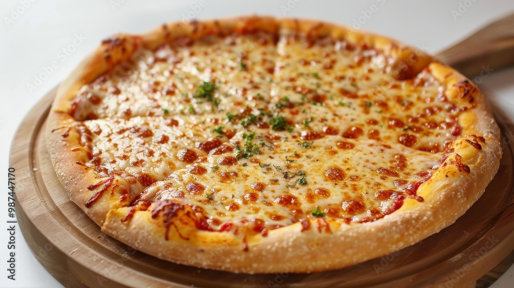 Classic cheese pizza with a crispy golden crust, artfully arranged on a wooden plate against a bright white background
