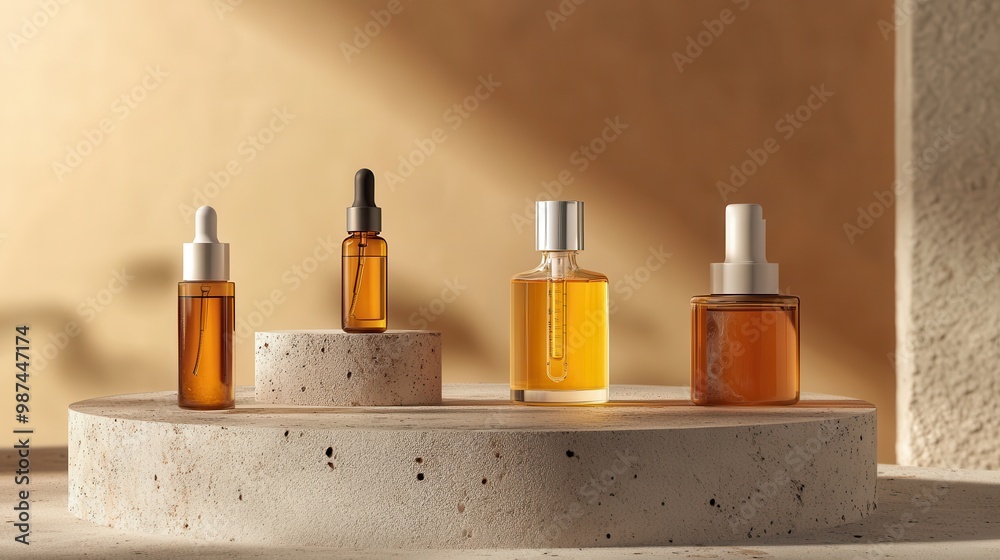 Elegant Display of Skincare Serum Bottles on a Minimalist Stone Pedestal with Warm Lighting Elegant Display of Skincare Serum Bottles on a Minimalist Stone Pedestal with Warm Lighting