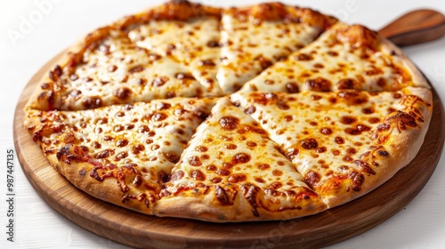 Wallpaper Mural Classic cheese pizza with a crispy golden crust, artfully arranged on a wooden plate against a bright white background Torontodigital.ca