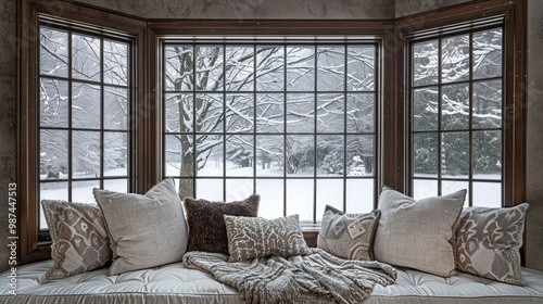 Cozy window seat with pillows and a throw