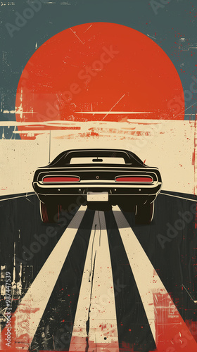 Vintage car speeding towards a sunset in retro poster style