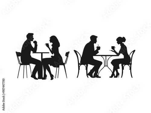 People in cafe. Two people in cafe silhouette. Couple having dinner at a restaurant isolated white background.