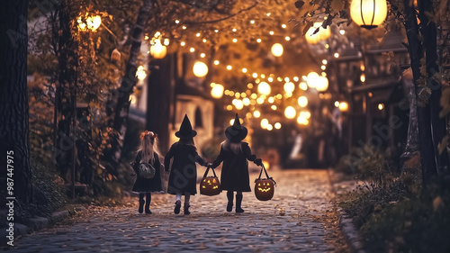 A vintage Halloween scene, featuring children in classic costume